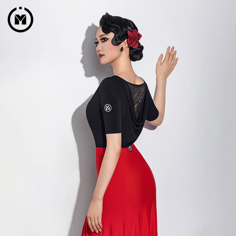 IAMYC新款摩登舞服华尔兹舞服V领后背蕾丝荡领连体上衣B10177