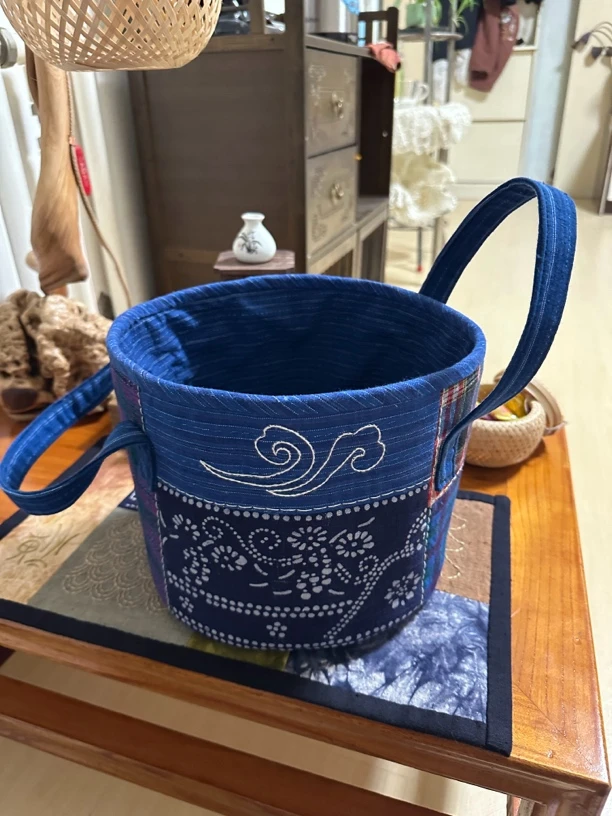 手工拼布复古收纳筐陶瓷手染布老土布非遗绣花（定制图案）圆形