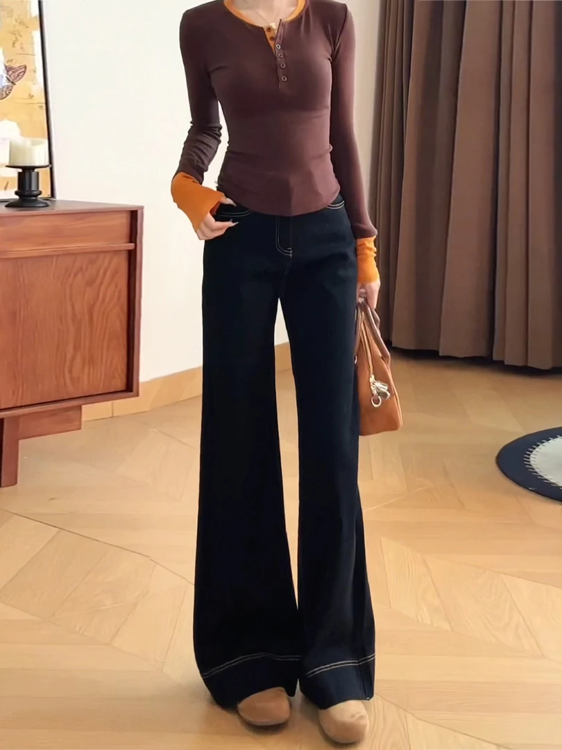 超好看黑色微喇牛仔裤女2025新款秋季高腰显瘦垂感今年流行弯刀裤