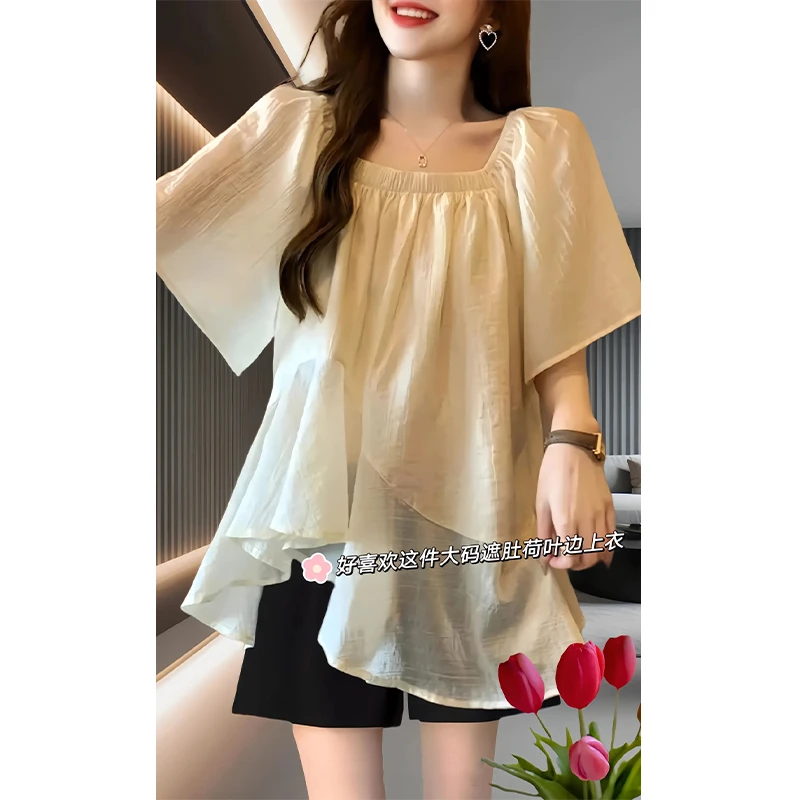 胖mm法式超仙短袖雪纺衫夏胖妹妹大码设计感遮肚子娃娃衫减龄上衣