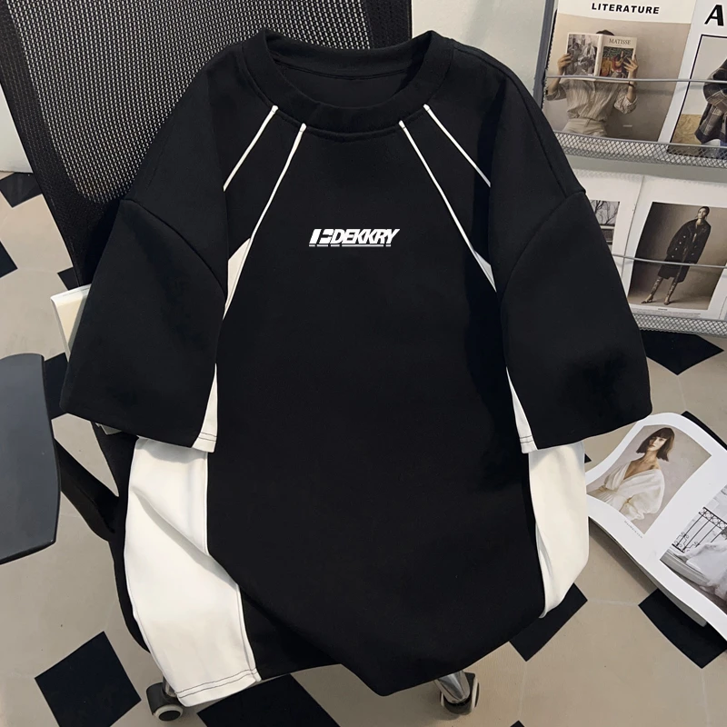 jtrt美式双拼色休闲T恤男女夏潮牌拼接字母印花短袖高街情侣上衣