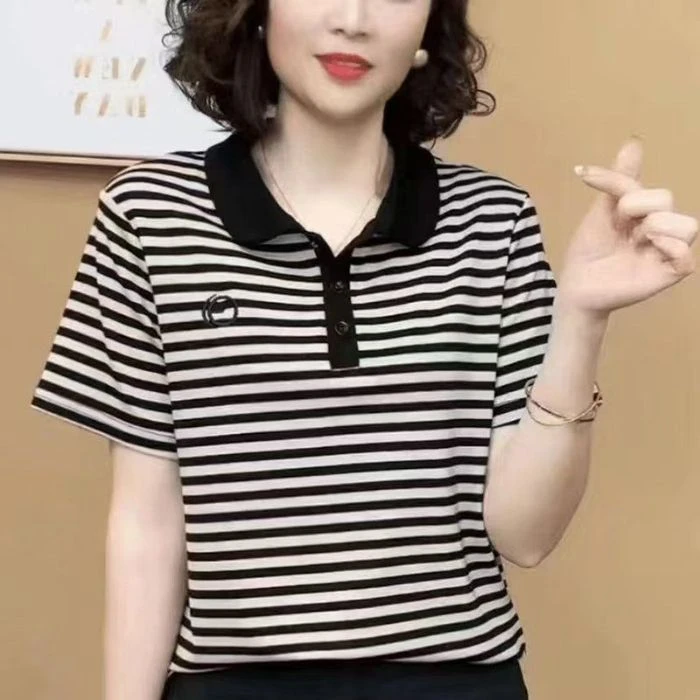 条纹短袖T恤女夏装新款宽松显瘦妈妈Polo衫时尚百搭休闲翻领上衣