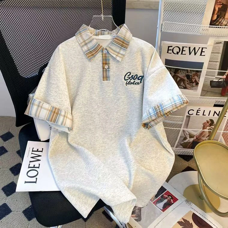 学院风美式复古撞色格子拼接polo衫男女夏季宽松刺绣纯棉短袖t恤