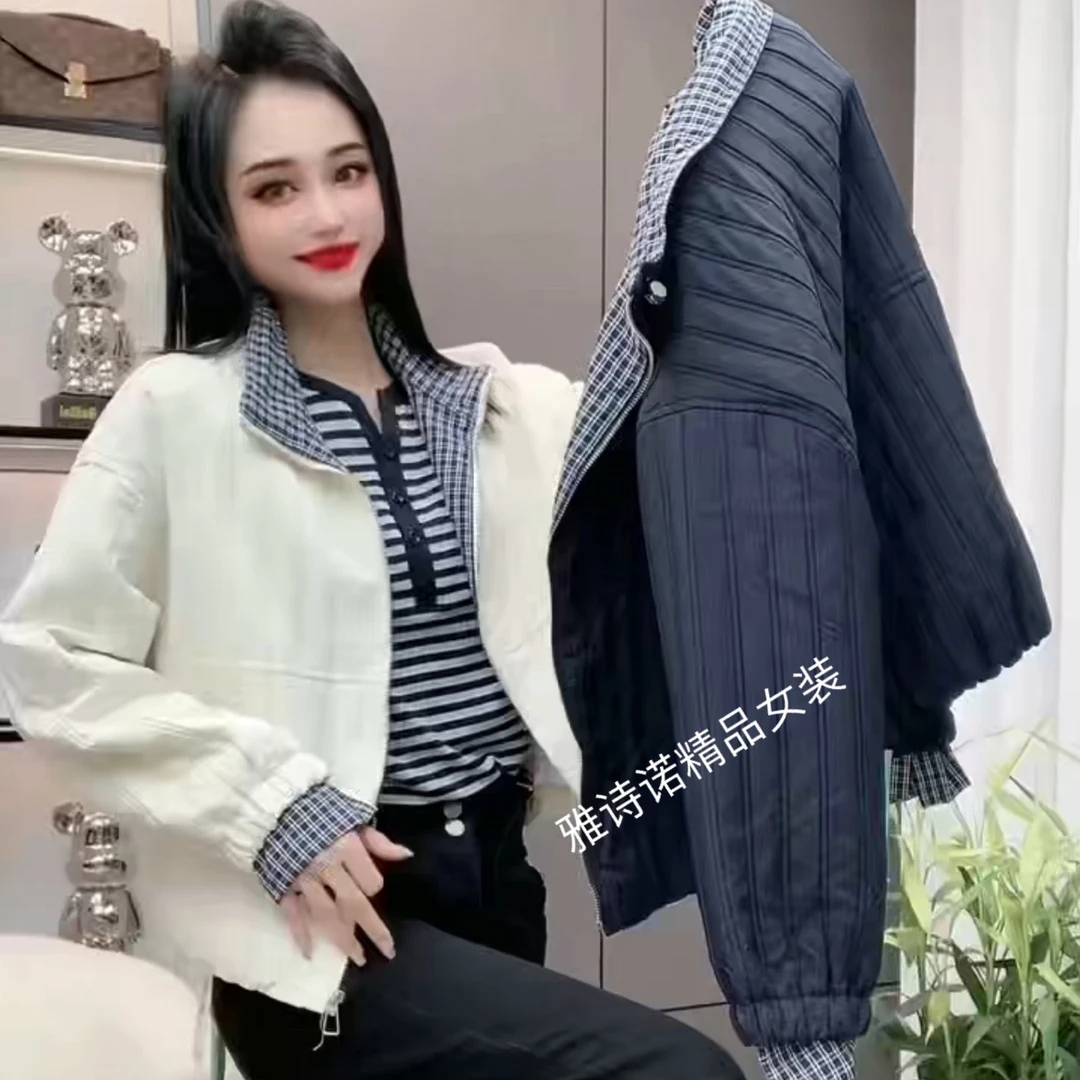 欧货洋气立领格子撞色棉衣外套秋冬新款加厚设计感宽松休闲夹克潮