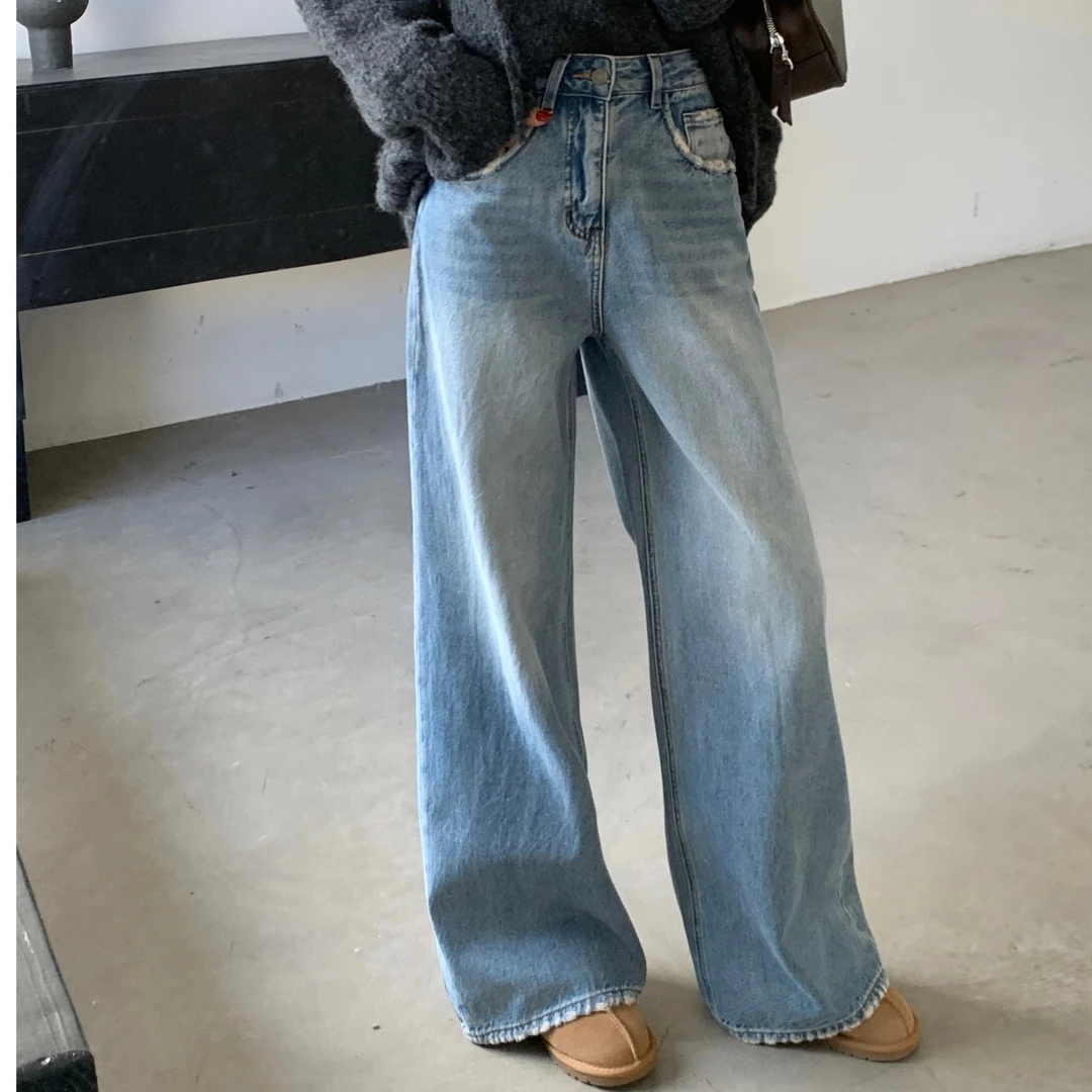 B38901复古水洗冬季新品美式磨破水洗宽松加绒阔腿牛仔裤