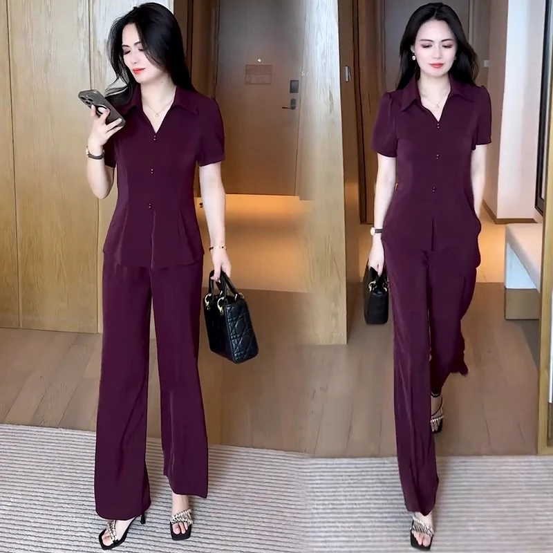 时尚套装女2025夏季新款高级感洋气质显瘦短袖衬衫阔腿裤两件套潮