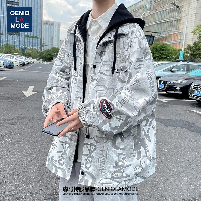 GENIOLAMODE假两件外套男春秋季潮流满印宽松连帽涂鸦男士夹克衫