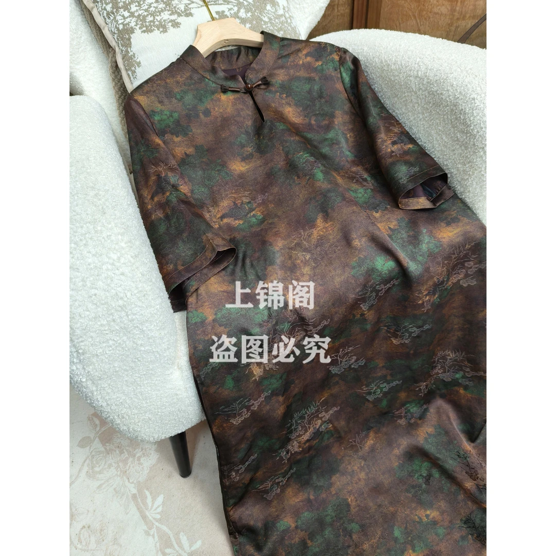 555新中式立领一粒扣碎花连衣裙中国风提花短袖夏季薄款气质百搭