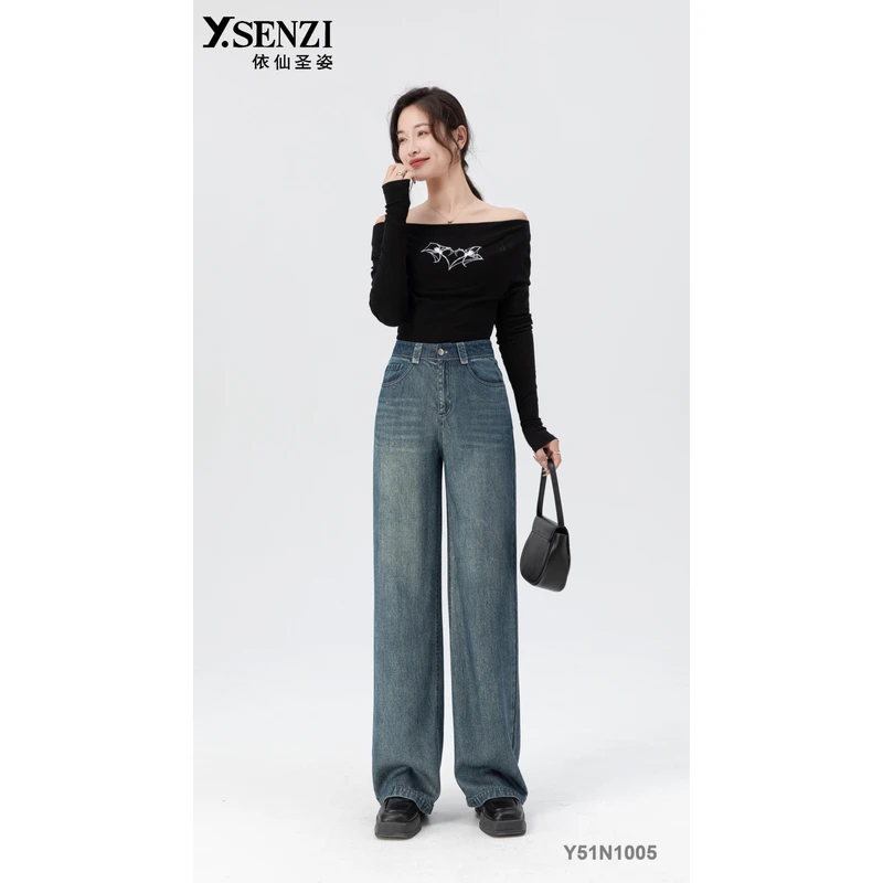 依仙圣姿Y51N1005牛仔女裤2025秋季显高显瘦弹力时尚正品长款筒裤