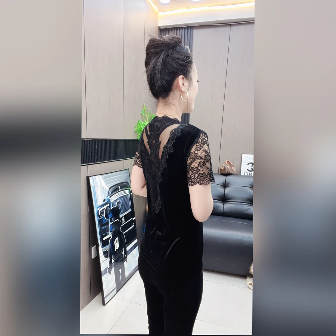 （7048）雪颖家2025年早春新款天E绒蕾丝拼接重工半袖女