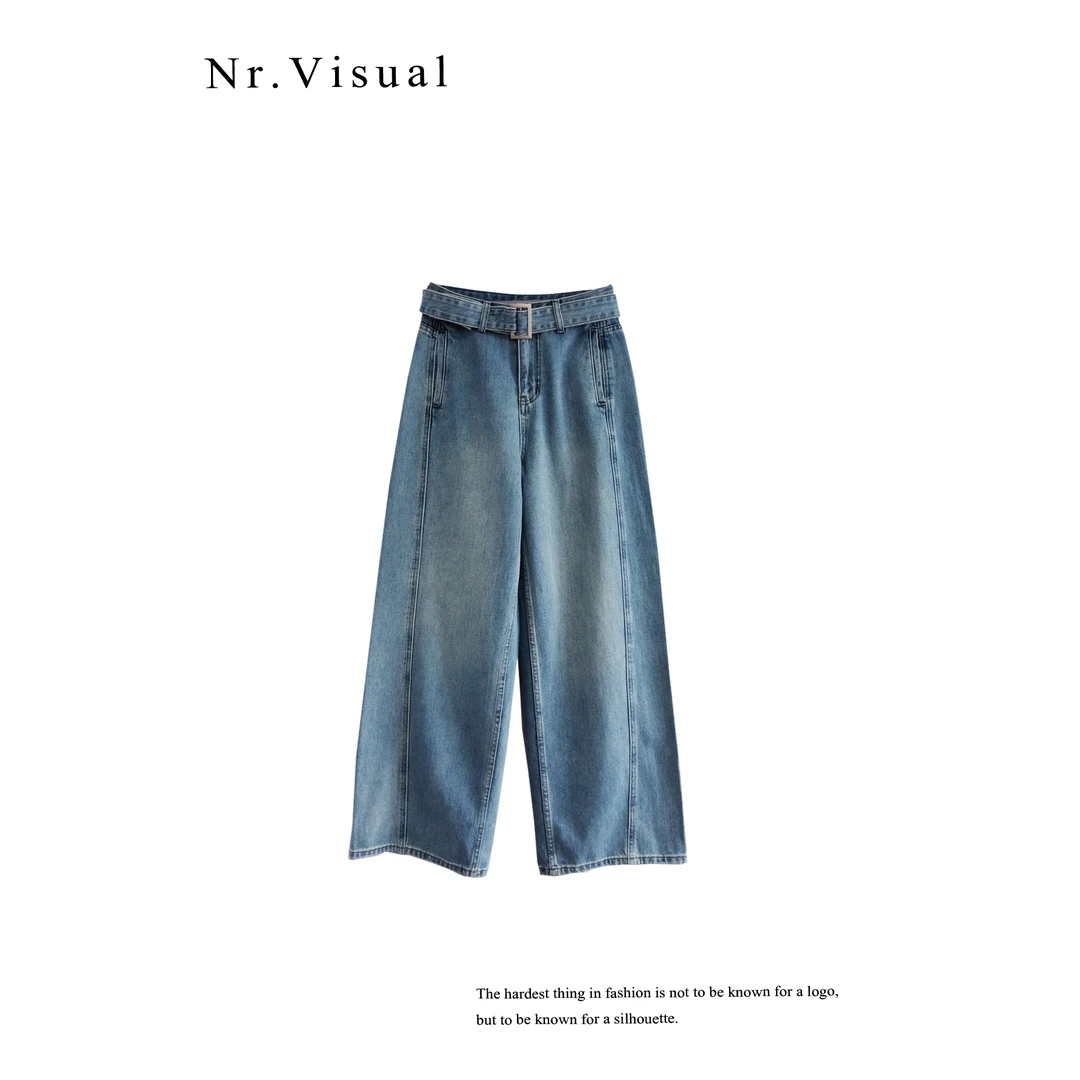 「小九NR」系带高腰阔腿裤春季港风休闲宽松百搭牛仔裤