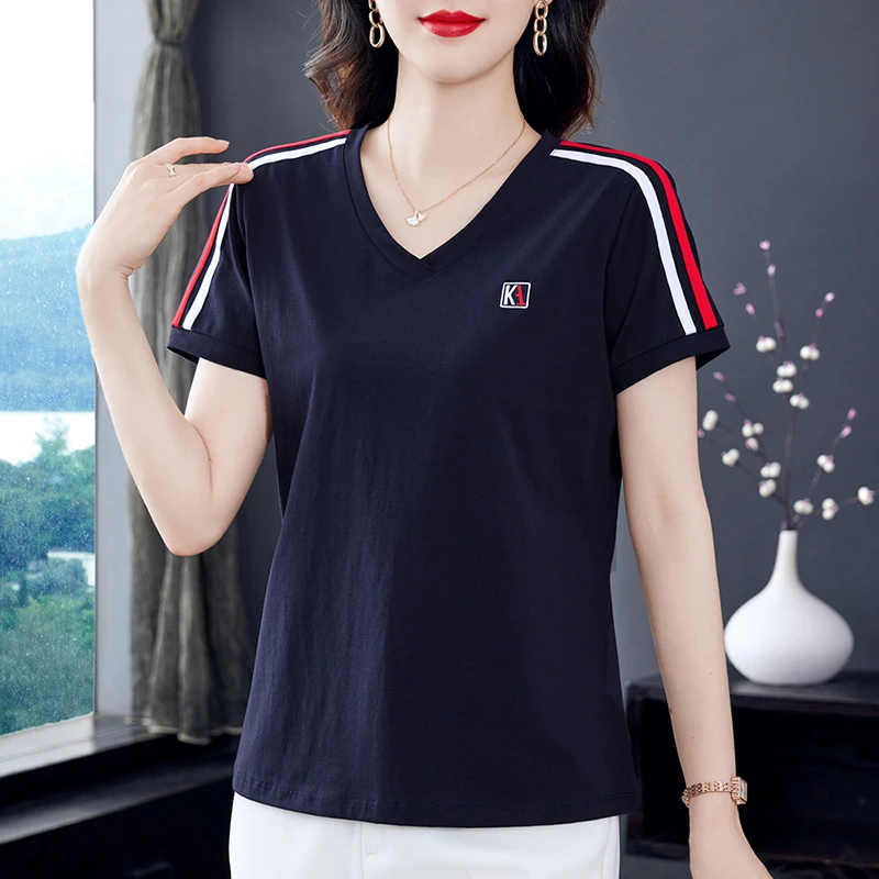 凉感精梳棉v领宝蓝色短袖t恤女夏季2026新款时尚休闲百搭宽松上衣