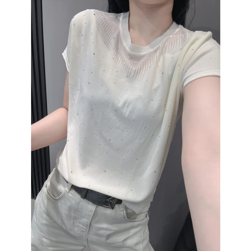 夏新款蕾丝拼接冰丝针织衫女欧货显瘦宽松连肩短袖设计感百搭上衣