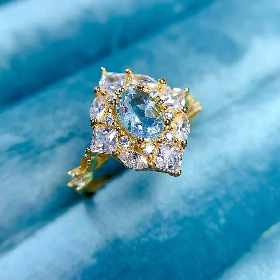 [归蓝戒指]天然海蓝宝石戒指s925银镶嵌豪华满钻款精致典雅大气