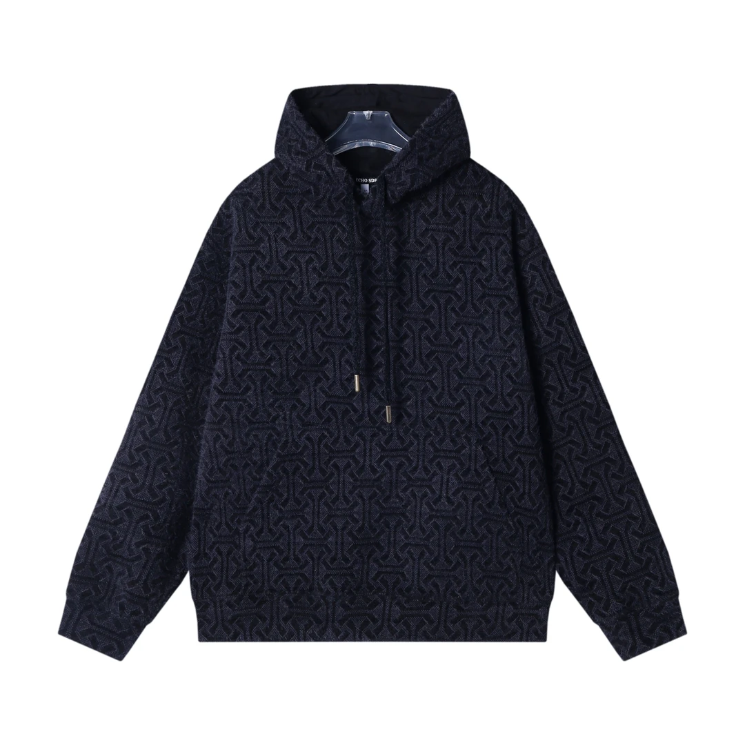 WY973秋冬新款连帽套头暗纹美式高街日常宽松长袖校园风抽绳卫衣