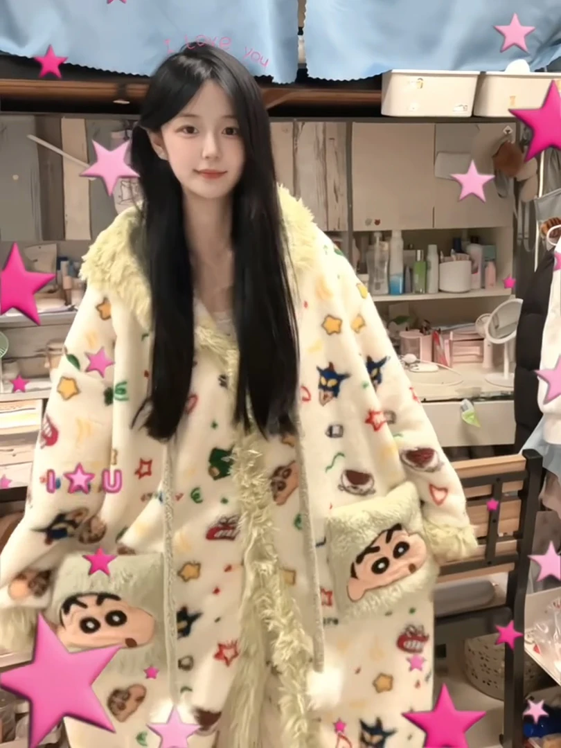 卡通蜡笔小新印花珊瑚绒保暖睡袍女秋冬加厚加毛绒外套家居服睡衣