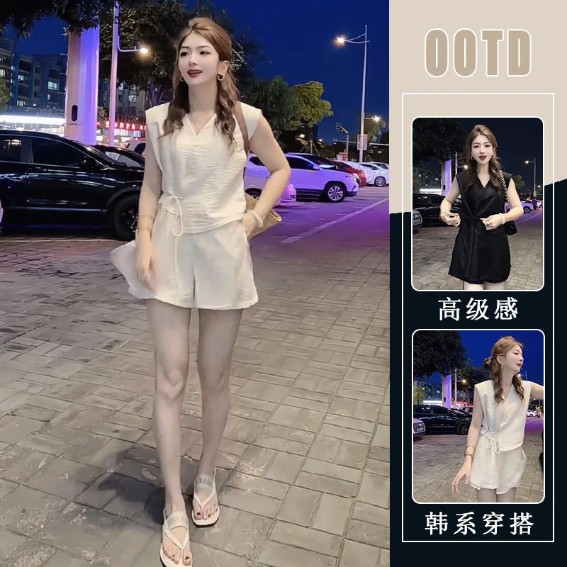 欧洲站2025夏季新款韩版时尚显瘦V领无袖背心上衣+高腰短裤两件套