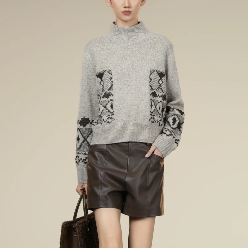 XG雪歌浅灰高领提花毛衣几何图案冬季新款软糯长袖针织衫百搭上衣