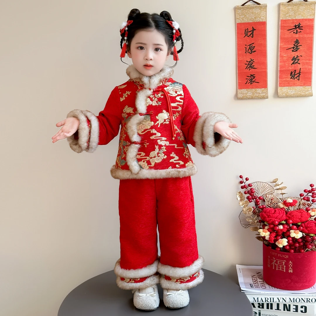 女童年服套装儿童国风加绒拜年两件套小女孩宝宝春节衣服2026新款