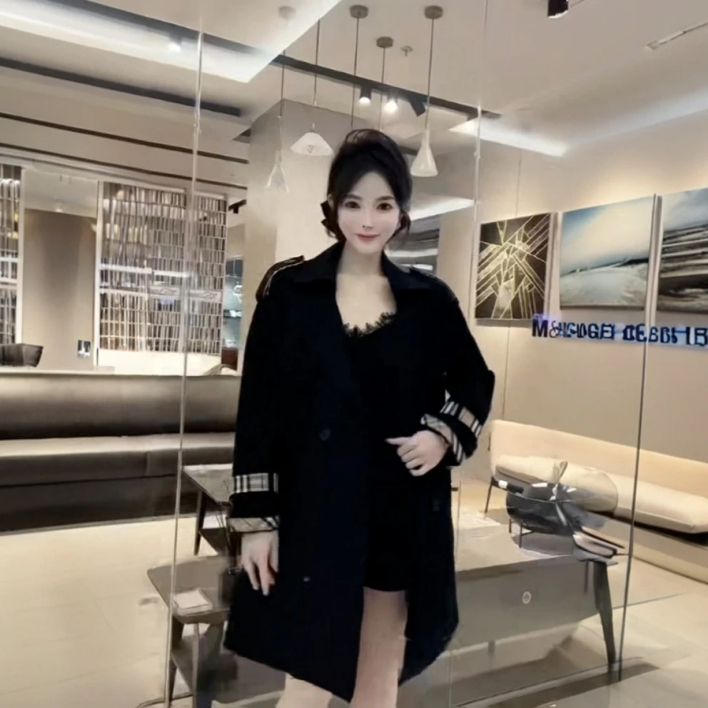 2025秋季新款胖MM大码淡人穿搭洋气格子拼色百搭中长款风衣外套