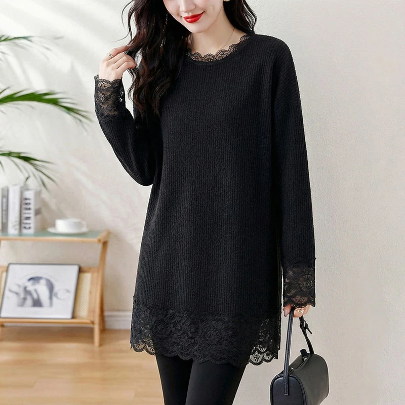 圆领黑色针织衫女士秋冬新款拼接蕾丝钩花宽松显瘦洋气中长款上衣