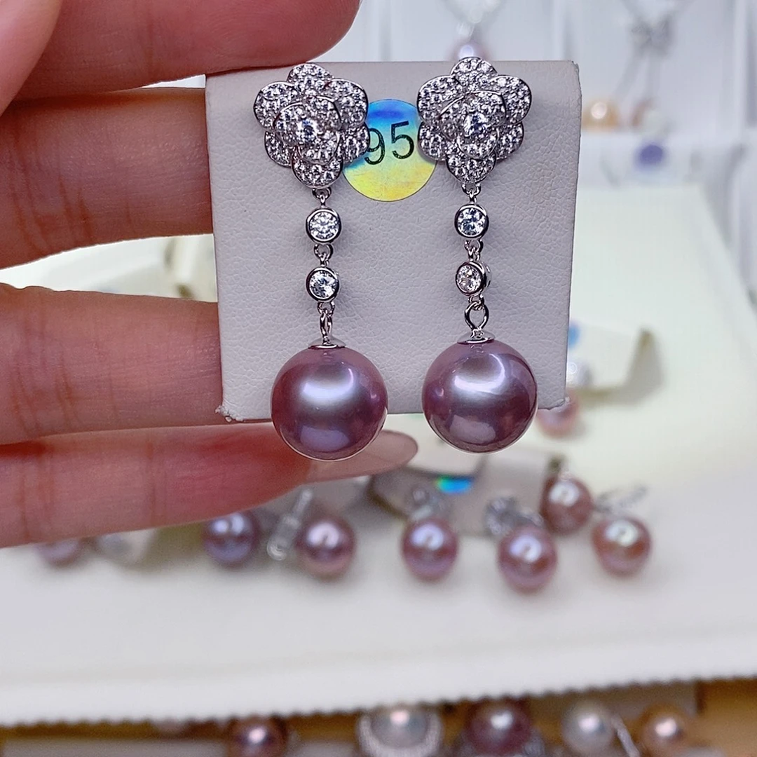 影***月耳饰银S925镶嵌淡水珍珠