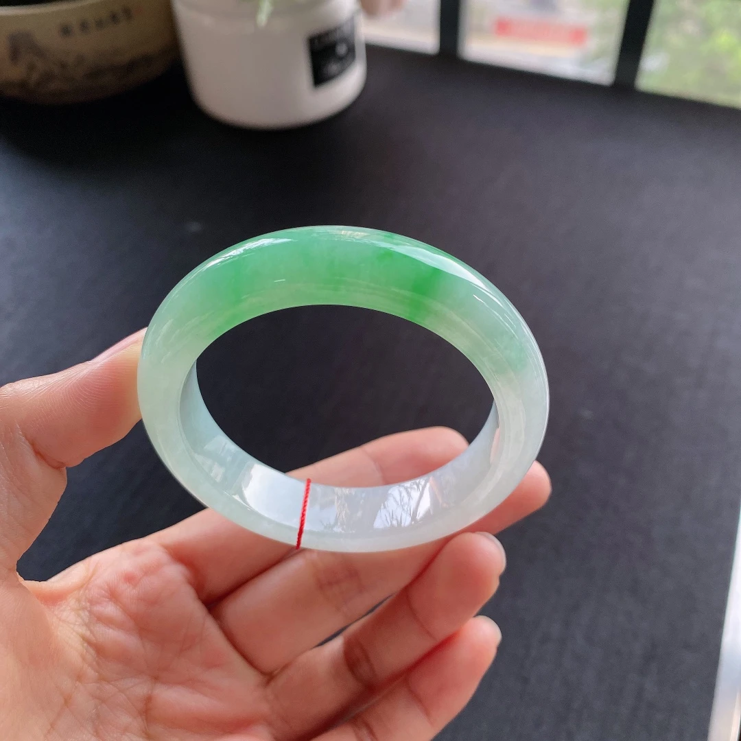 圈口51缅甸老坑A货冰糯种阳绿正圈女款翡翠手镯