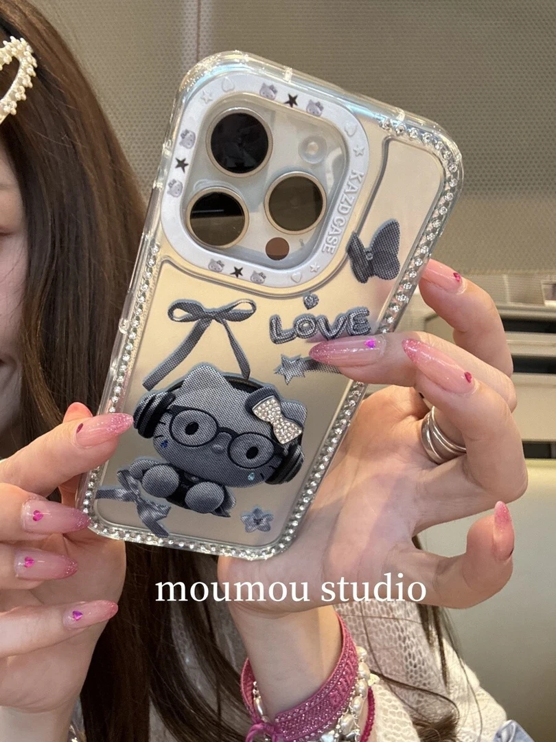 韩系ins风耳机KT边钻荧光壳适用苹果16/15/14/13全包防摔手机壳