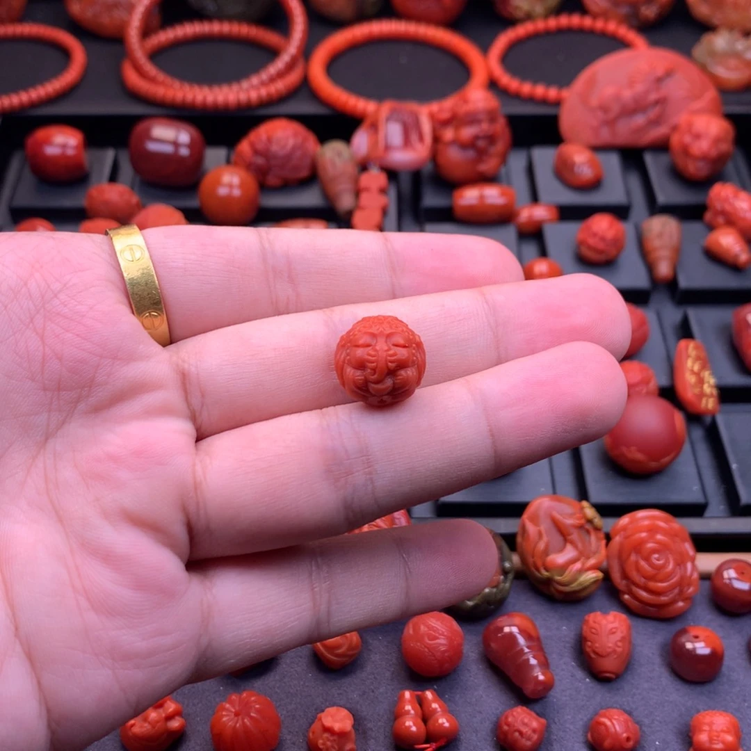 南红玛瑙未镶嵌南红精工雕刻象神圆珠单珠14mm+
