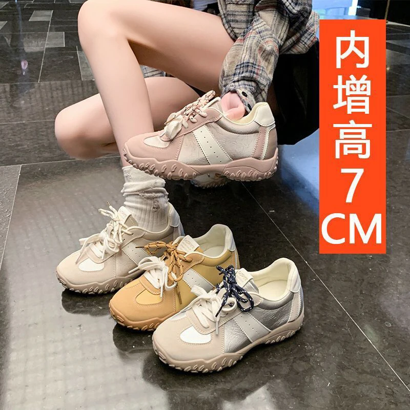 2025春秋季内增高7cm德训鞋小个子真皮厚底银色女不累脚阿甘鞋