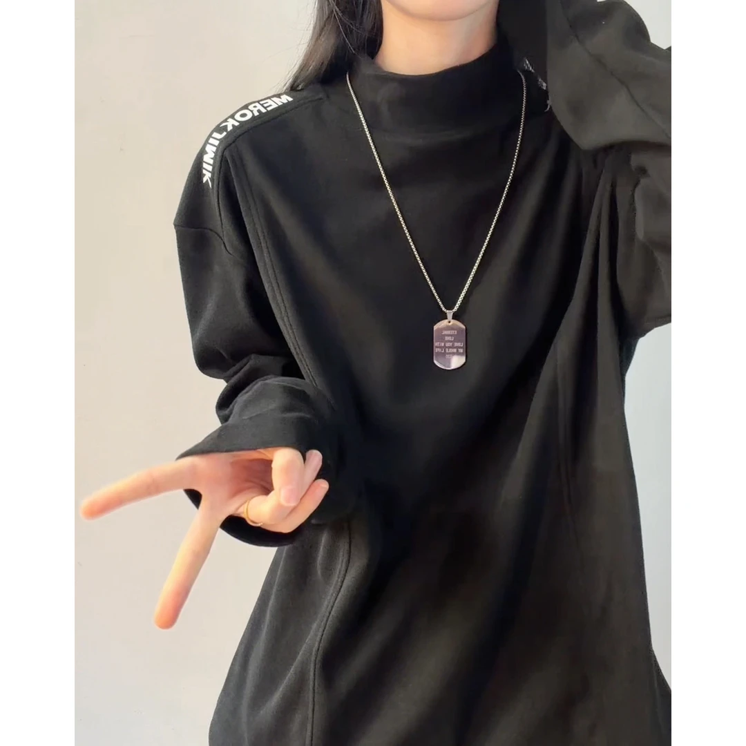 白色半高领德绒打底衫男款秋冬内搭上衣美式重磅印花正肩长袖t恤