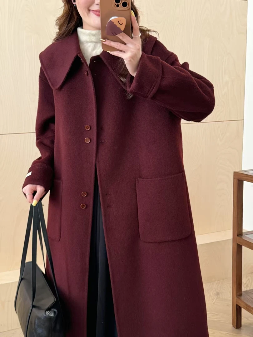 D889毛呢外套呢大衣女毛呢气质常规秋冬中长款娃娃领红色