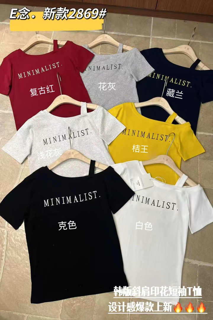 滨莉家 2869【设计款】韩版斜肩印花短袖T恤