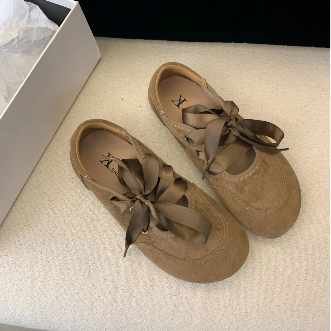 2025春季韩版拼色系带法式单鞋休闲温柔大头鞋浅口复古平底休闲鞋