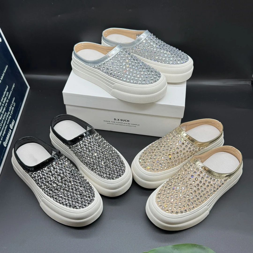 D.X SUCH纯色纳帕夏季包头包头拖韩版水钻平跟百搭凉拖春夏