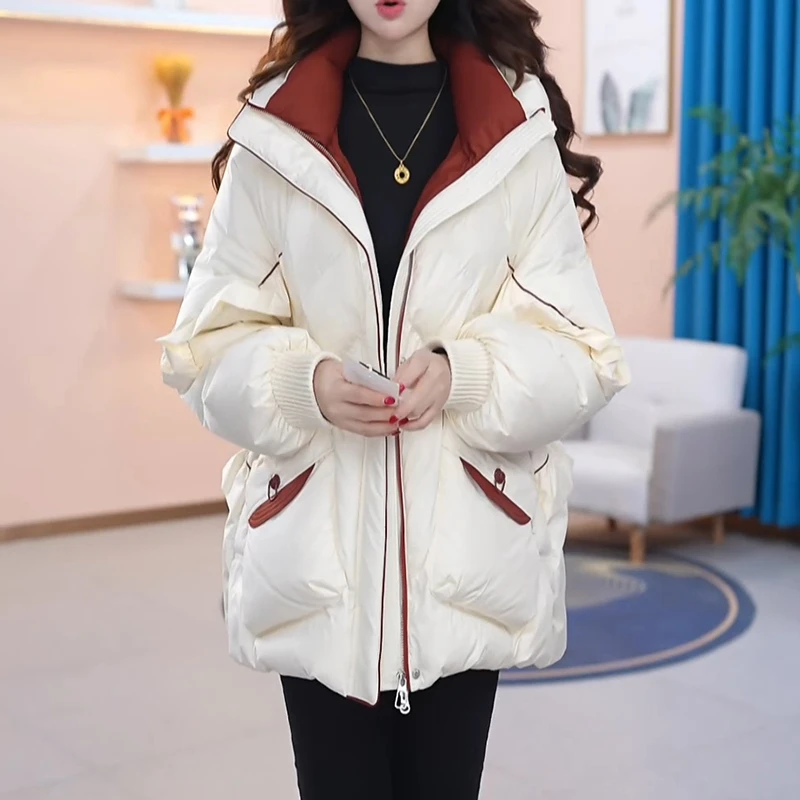 撞色连帽羽绒服女2025新款女秋冬季巨好看宽松加厚保暖白鸭绒外套