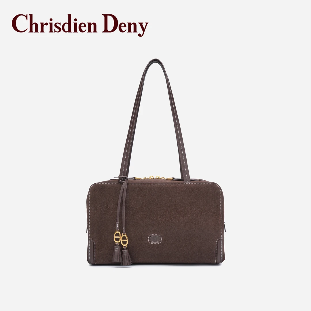 Chrisdien Deny 单肩软皮凯莉包肩包棕色单肩包拉链款时尚百搭做