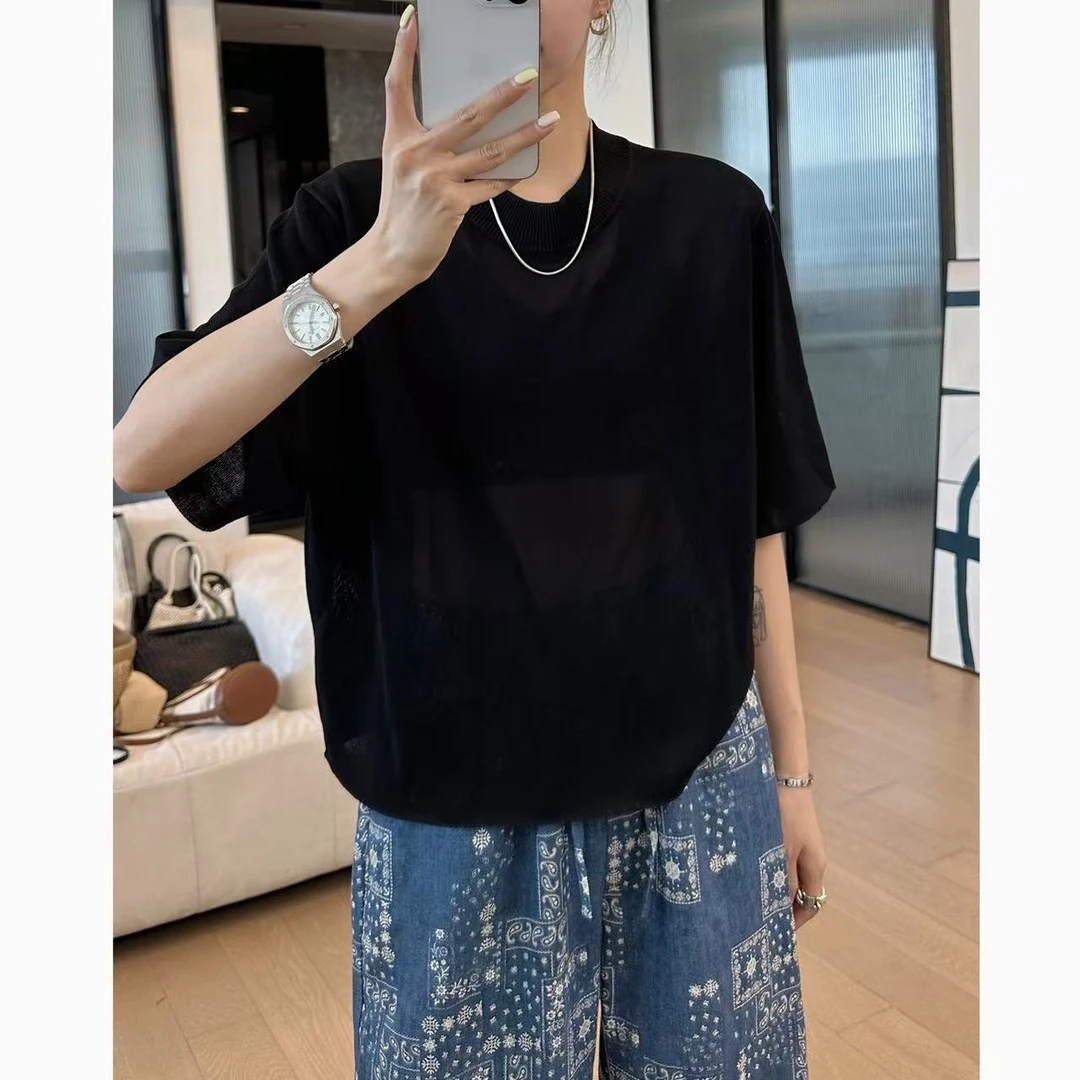 小静静一会【卷边针织T】2025夏款极简纯色显瘦短袖 2505C2499