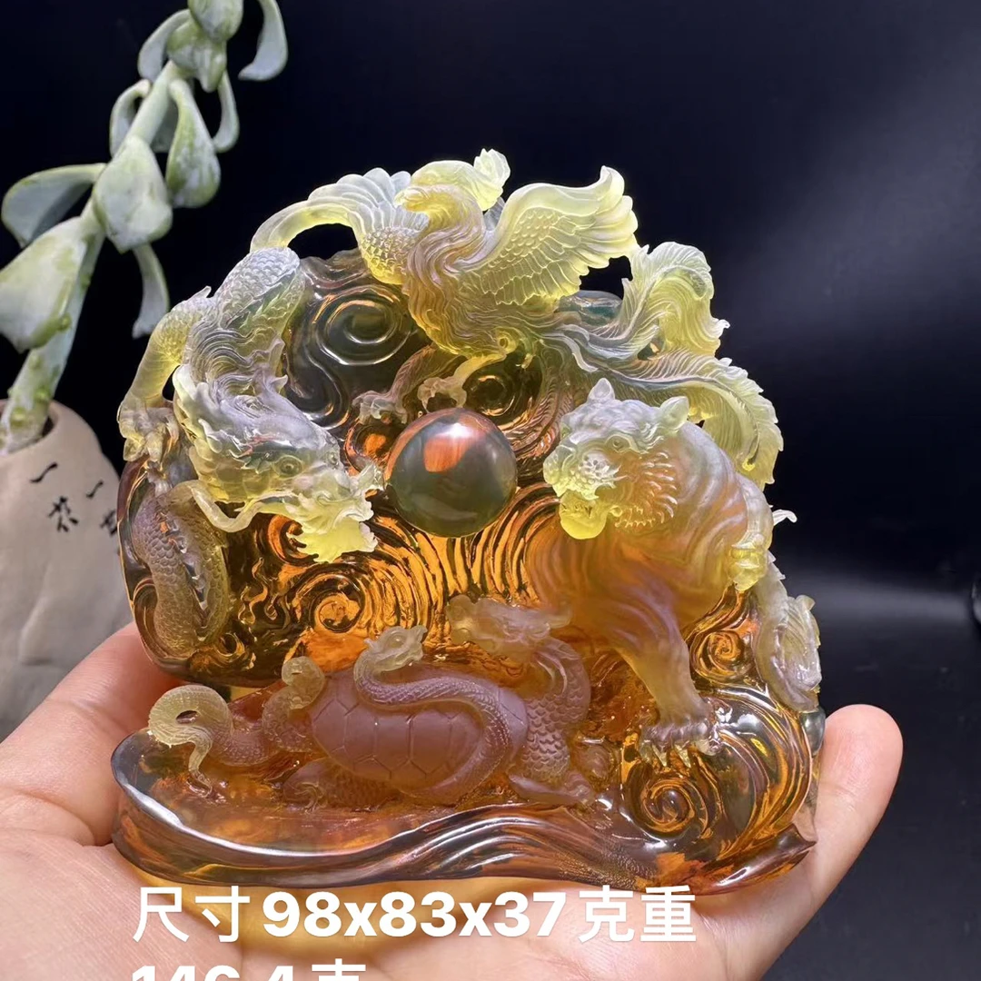 缅甸天然琥珀大师工雕刻四大神兽摆件