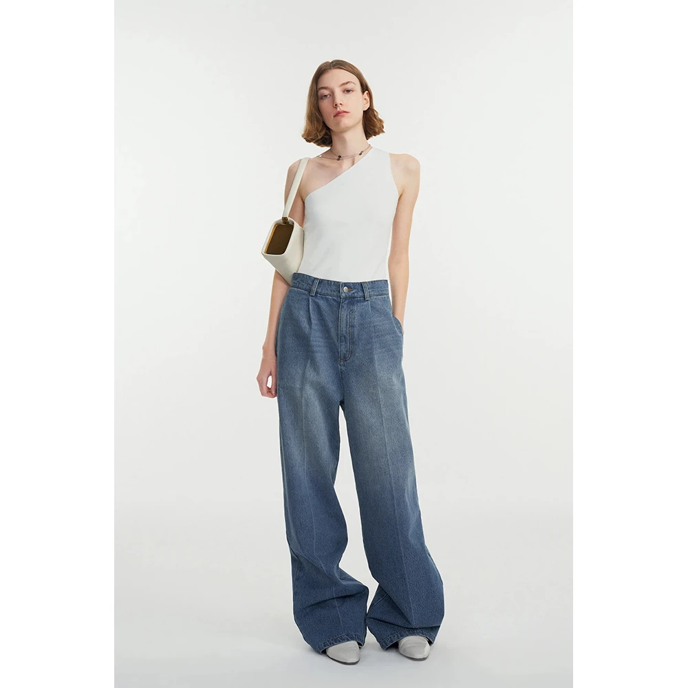 Fabrique牛仔裤复古时尚美式复古设计感高腰叠褶纯棉斜纹牛仔裤女