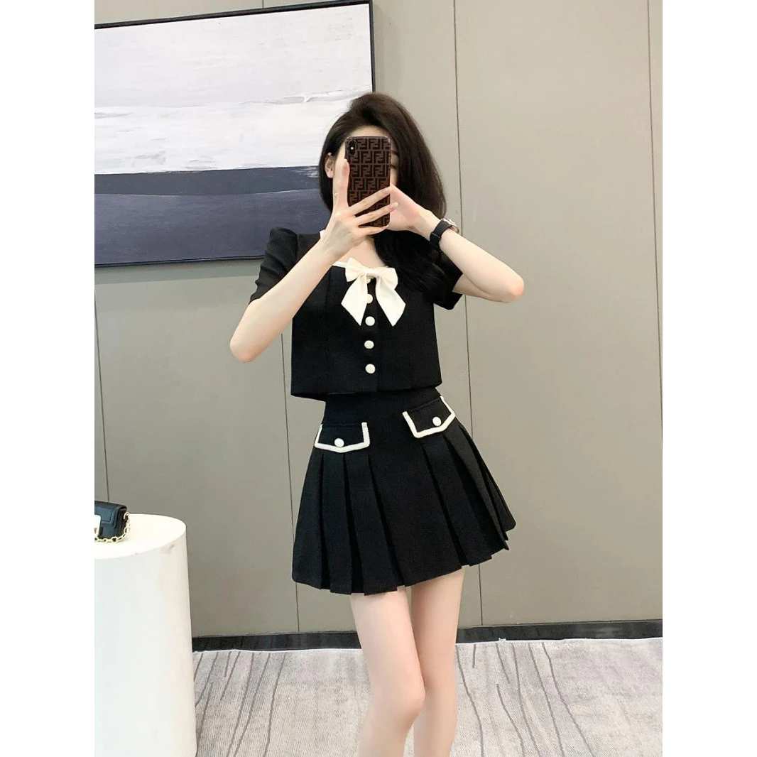 黑色小香风蝴蝶结短外套夏季新款高腰显瘦半身裙女气质高级感套装