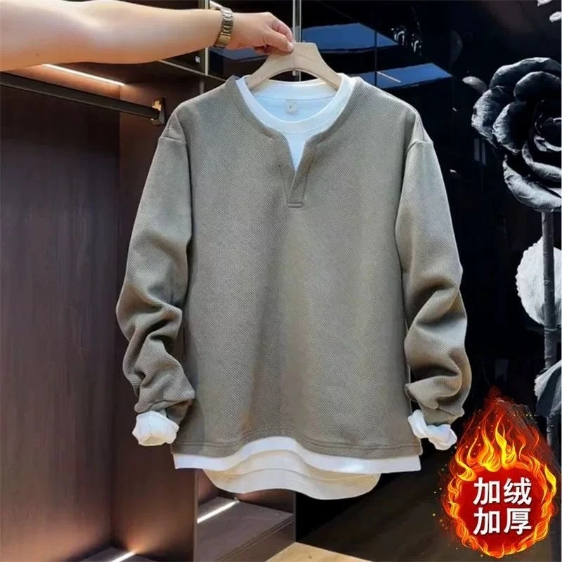 聚酯纤维90%秋冬季新款假两件加绒卫衣男士韩版潮流宽松百搭休闲