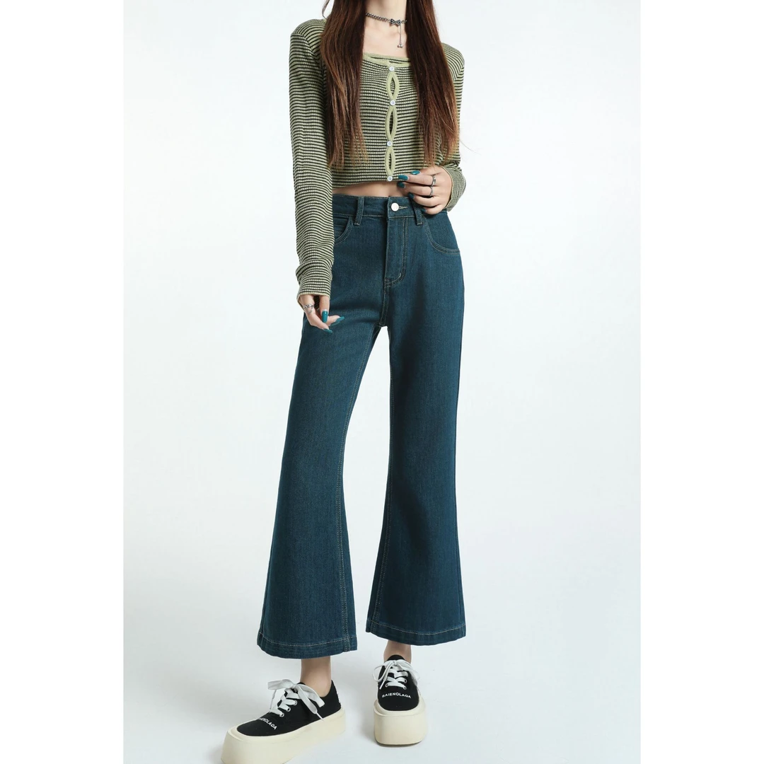 初秋土耳其蓝高腰遮胯微喇牛仔裤梨形身材窄版阔腿裤微喇显瘦复古