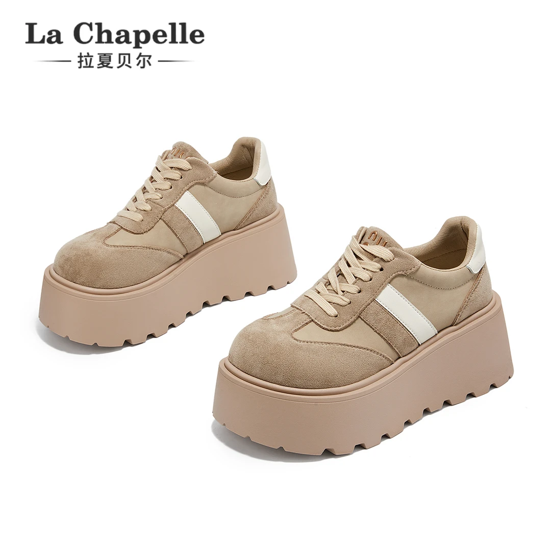 拉夏贝尔小个子板鞋增高厚底德训鞋女2025秋季新款复古系带休闲鞋
