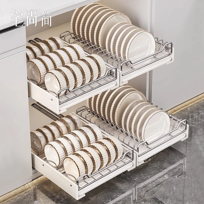 橱柜拉篮置物架厨房收纳摆件不锈钢碗盘收纳架抽屉式免安装沥水架