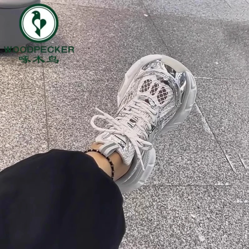 啄木鸟时尚透气老爹鞋女夏季2025新款厚底网面系带增高运动休闲鞋