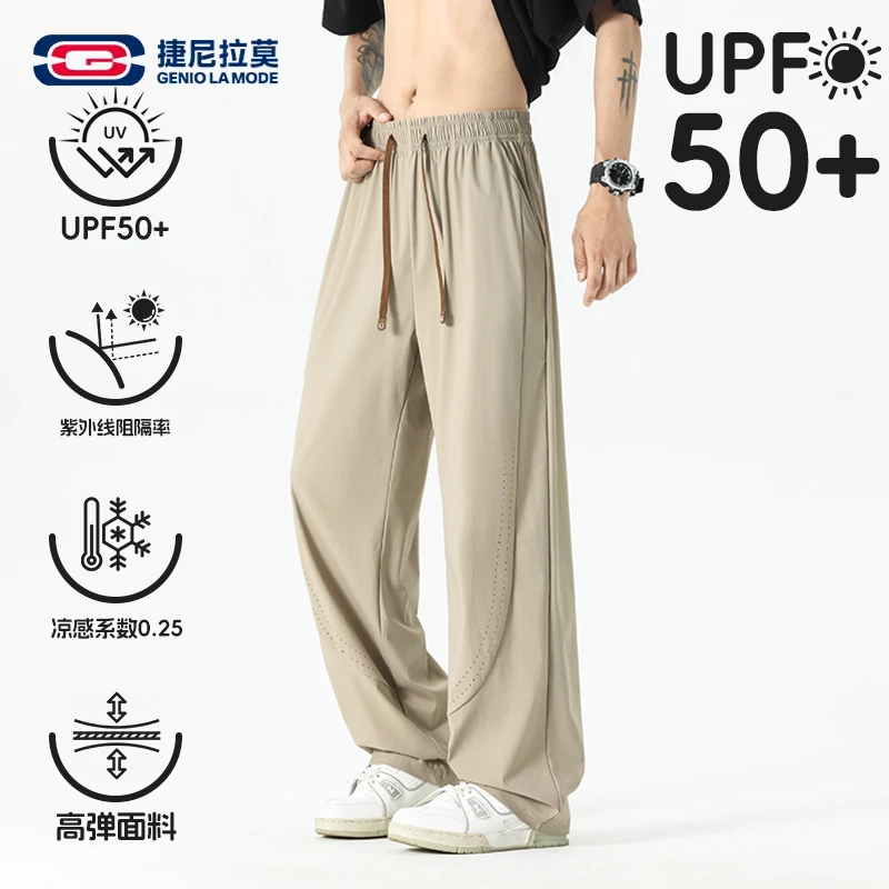 GENIO LAMODE夏季新款穿孔透气冰丝裤子潮牌宽松直筒阔腿休闲长裤