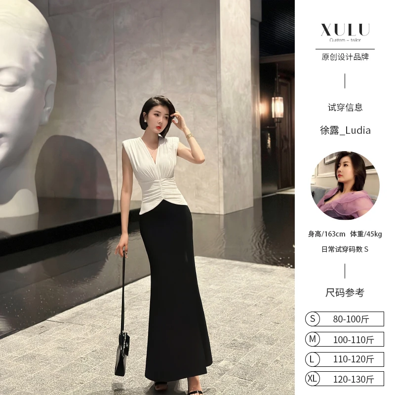 XULU原创夏季人棉针织赫本风黑白拼包臀裙气质褶皱无袖V领连衣裙