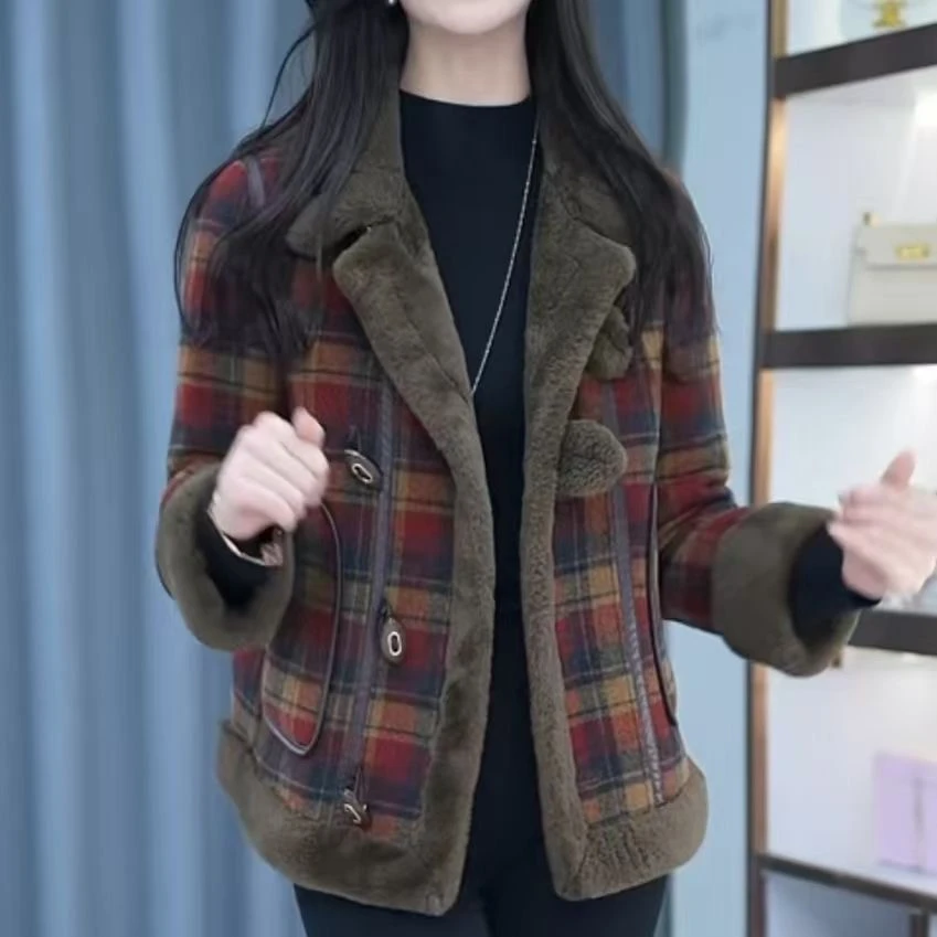 一体绒美拉德格子外套女冬季2025新款加绒加厚洋气超好看保暖上衣