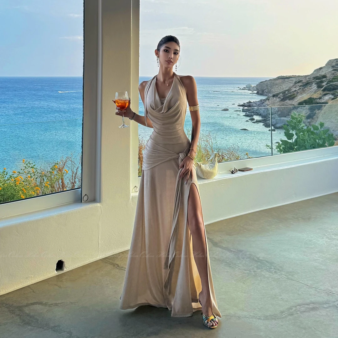 HELEN/小众温柔细闪包臀挂脖裙女蕾丝拼接荡领垂感绑带连衣裙Q574